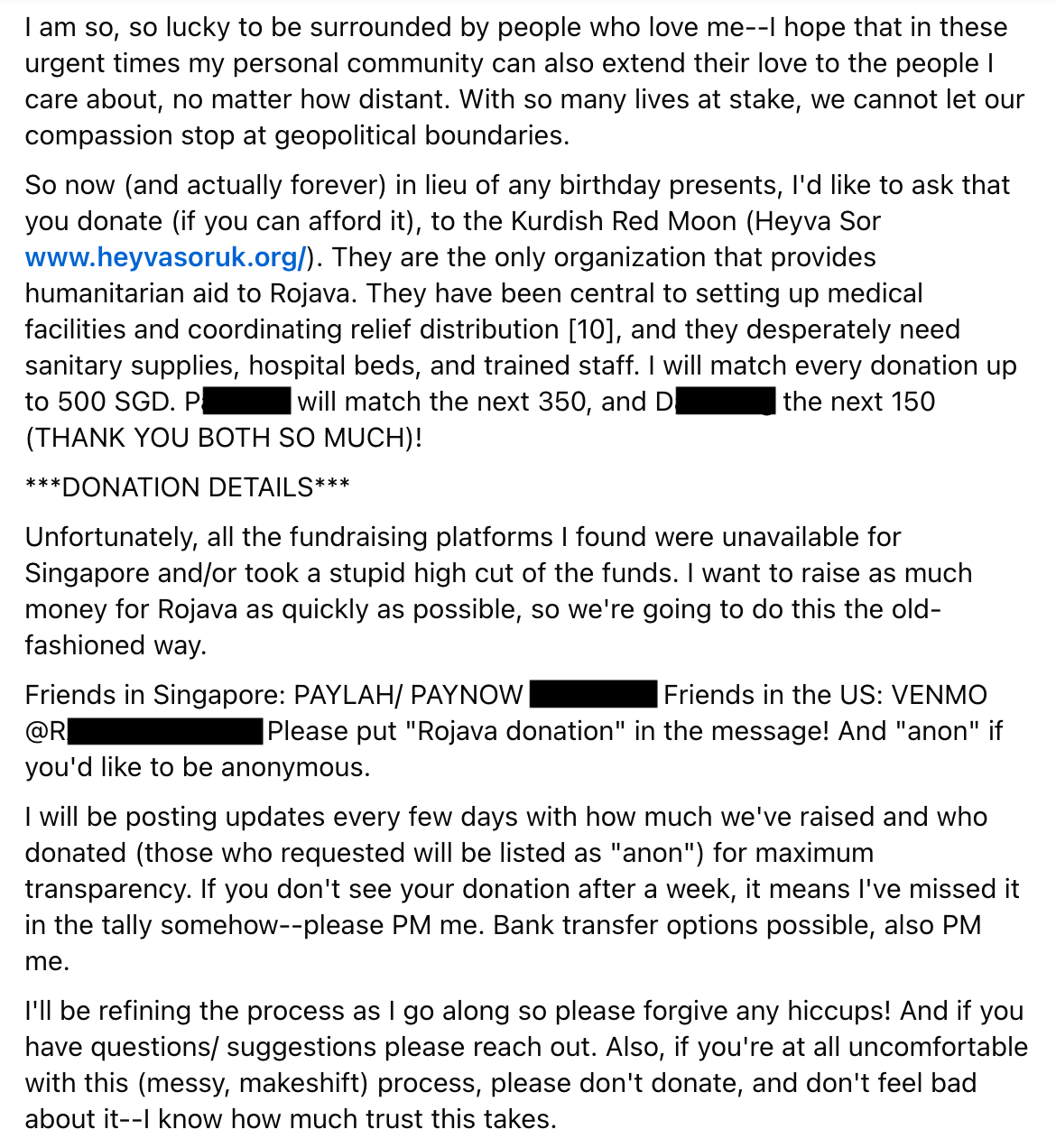 screenshot of write-up about Rojava's history and COVID-19 emergency for the fundraiser